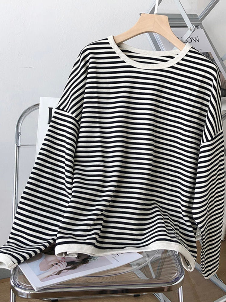 Casual O Neck Striped Women Sweatshirt Spring Long Sleeve Loose Pullover Oversized Hoodie Cotton Fashion Korean Ladies Tops