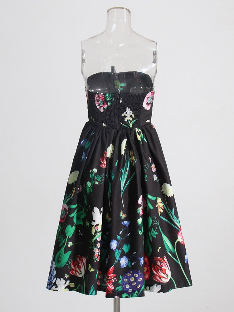 Hit Color Printing Dresses For Women Strapless Sleeveless High Waist Folds A Line Summer Elegant Dress Female