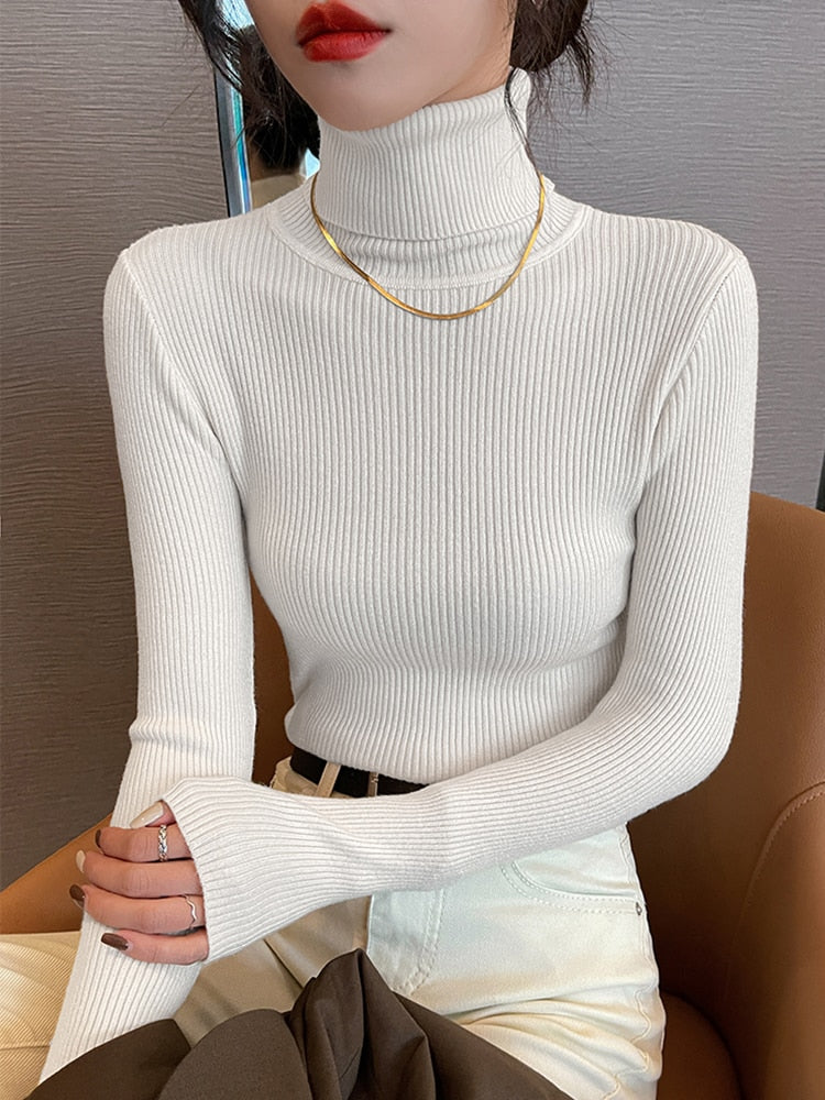 Simple Women Turtleneck Sweater Winter Fashion Pullover Elastic Knit Ladies Jumper Casual Solid Black Female Basic Tops