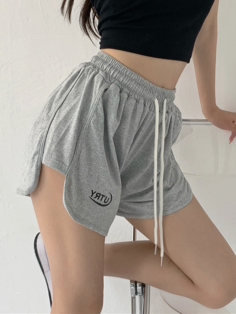 Summer Women Sweat Shorts Fashion Letter Elastic High Waist Loose Joggers Shorts Korean Designed Grey Wide Leg Shorts