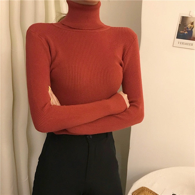 Women Pullover Turtleneck Sweater Autumn Long Sleeve Slim Elastic Korean Simple Basic Cheap Jumper Solid Color Top