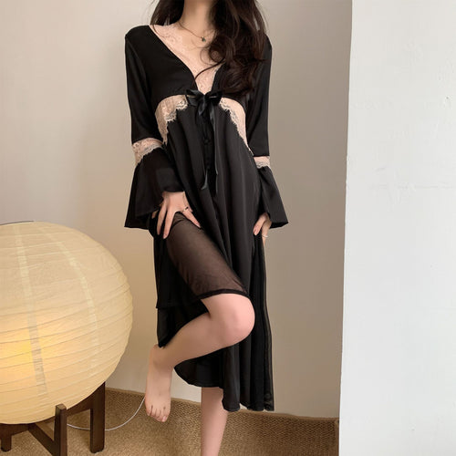 Load image into Gallery viewer, Women&#39;s Pajamas Sexy Long Dress Bell Sleeve Silk Like Homewear Deep V Skirt Sexy Lace Dress Sleepdress Nightgown Femme
