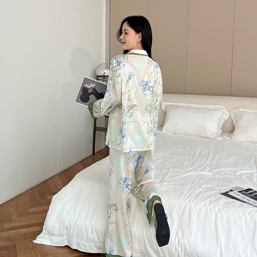 Load image into Gallery viewer, High Quality Women&#39;s Pajamas Set Luxury Floral Print Lapel Sleepwear Silk Like Long Sleeve Homewear Nightwear Femme
