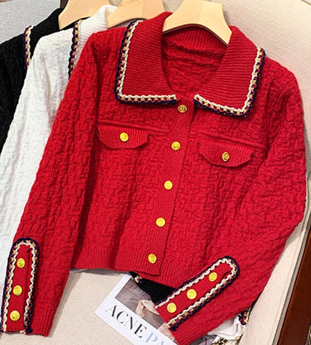 Fashion Button Up Women Cardigan Knitted Korean Turn Down Collar Red Sweater Fall Chic Short Jacket Elegant Ladies Coats