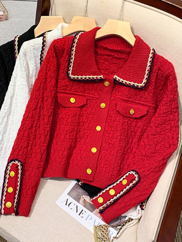 Fashion Button Up Women Cardigan Knitted Korean Turn Down Collar Red Sweater Fall Chic Short Jacket Elegant Ladies Coats