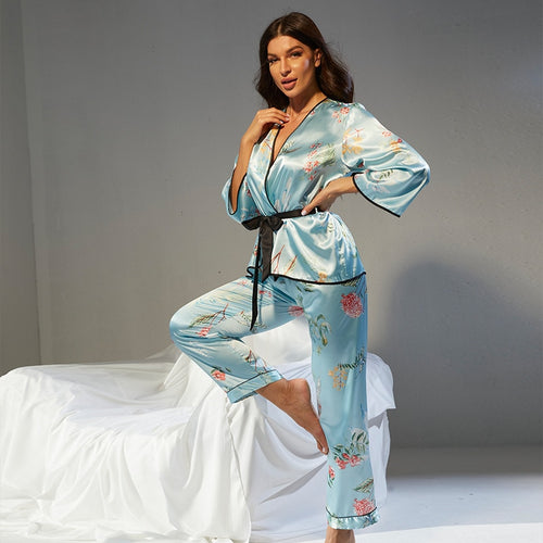 Load image into Gallery viewer, Women&#39;s Pajamas Set Vintage Blue Flower Print Sleepwear Silk Like V Neck Collar Leisure Home Clothes Homewear Nightwear
