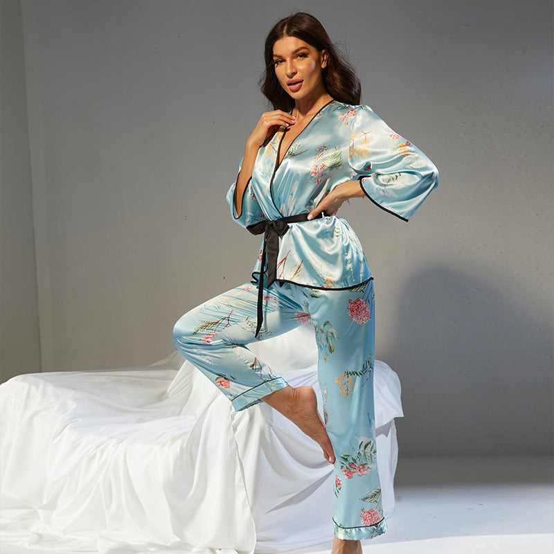 Women's Pajamas Set Vintage Blue Flower Print Sleepwear Silk Like V Neck Collar Leisure Home Clothes Homewear Nightwear