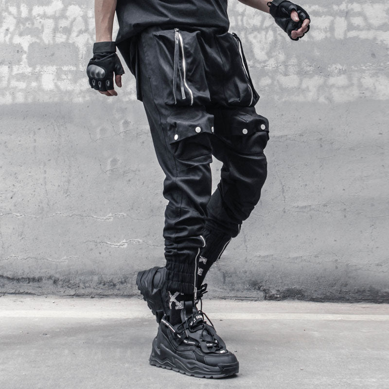 Tactical Functional Cargo Pants Joggers Men Zipper Multi-pocket Trousers Spring Hip Hop Streetwear Harem Pant Black WB717