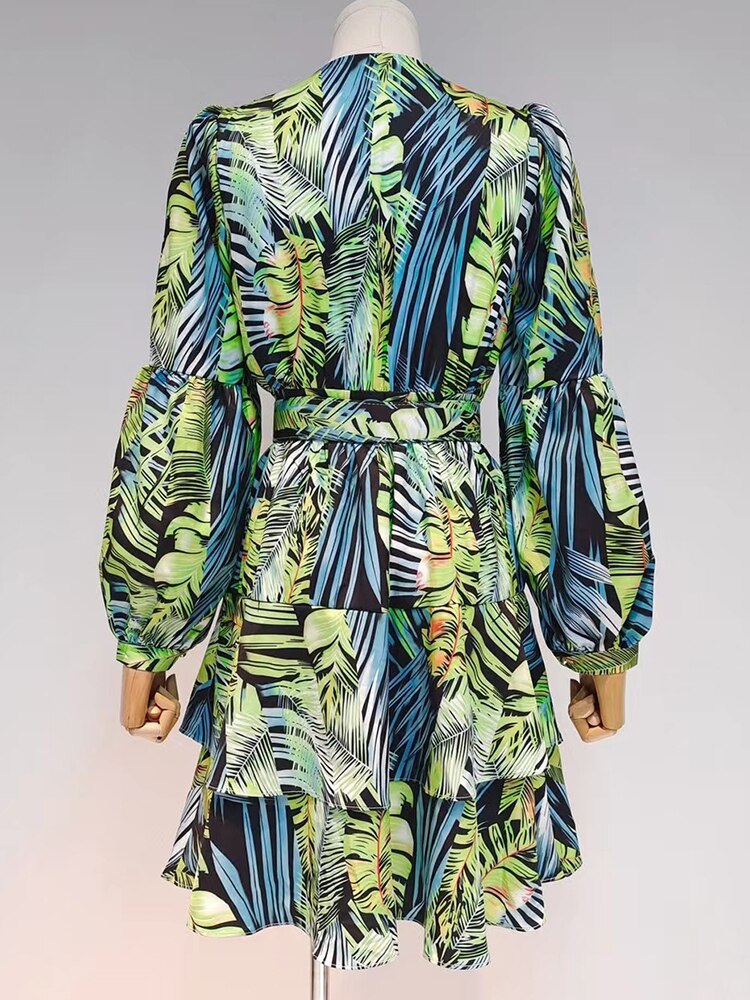 Beach Style Print Dress For Women V Neck Long Sleeve High Waist Colorblock Mini Dresses Female Fashion Clothing