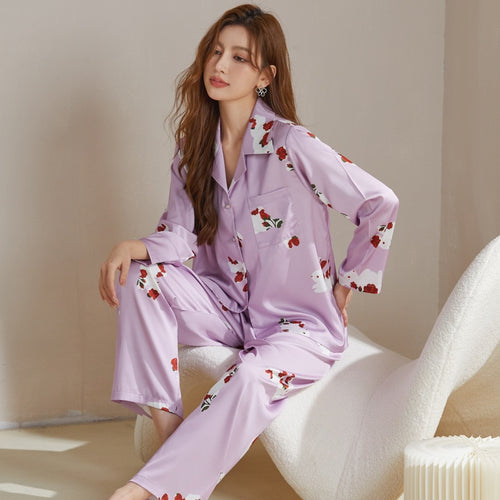 Load image into Gallery viewer, Women&#39;s Pajamas Spring Summer Ice Silk Long-sleeved Pants Two Piece Home Clothes V-neck Printing Cartoon Casual Suit
