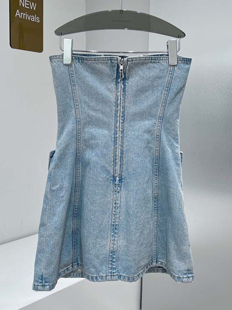 Denim Solid Dresses For Women Strapless Sleeveless Spliced Button Slim Summer Dress Female Fashion Style Clothing