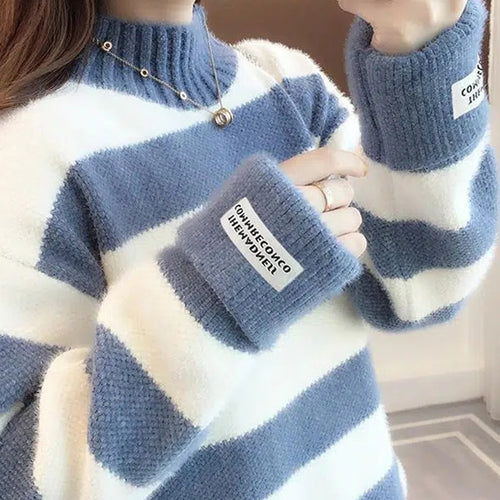 Load image into Gallery viewer, Women Half Turtleneck Sweater Autumn Fashion Striped Loose Pullover Knit Jumper Long Sleeve Letter Top Casual Warm Blouse
