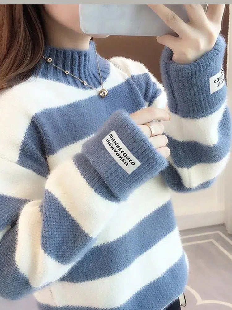 Women Half Turtleneck Sweater Autumn Fashion Striped Loose Pullover Knit Jumper Long Sleeve Letter Top Casual Warm Blouse