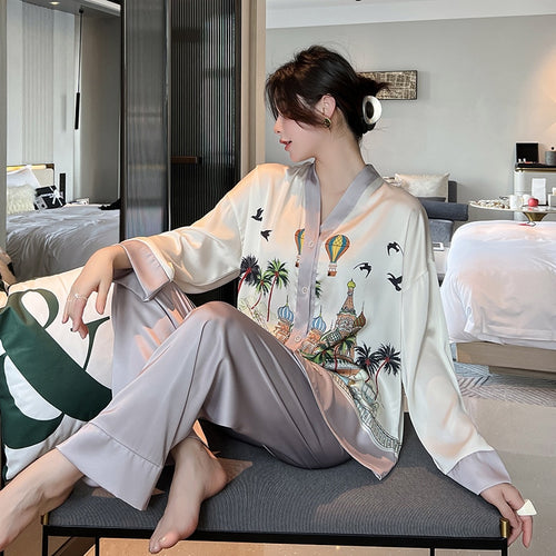 Load image into Gallery viewer, Women&#39;s Pajamas Set Luxury Fashion Paint Print Sleepwear Silk Like Homewear V Neck Nightwear New пижама женская
