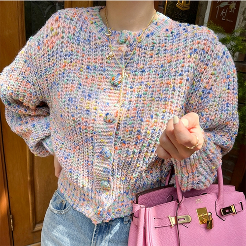 Load image into Gallery viewer, Rainbow Women Cardigan Sweater Fashion Button Fall Knitted Short Jacket Thick Casual O Neck Soft Ladies Jumper Coats
