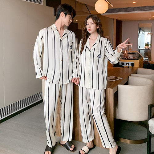 Load image into Gallery viewer, Ice Silk Couple Pajamas Women&#39;s Fashion Stripe Long Sleeve Pants 2-piece Suit Men&#39;s Large Size Satin Home Clothes
