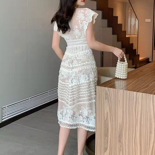 Load image into Gallery viewer, Solid Embroidery Summer Fashion Dresses For Women Round Neck Sleeveless Lace Mesh Dress Female Fashion Clothes
