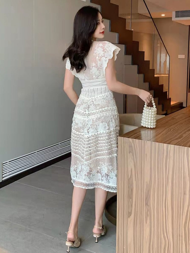 Solid Embroidery Summer Fashion Dresses For Women Round Neck Sleeveless Lace Mesh Dress Female Fashion Clothes