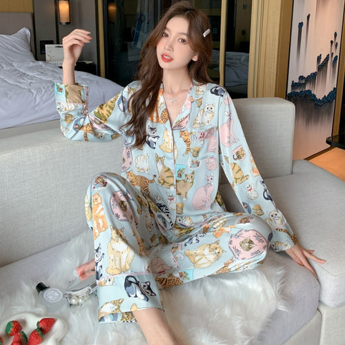 Load image into Gallery viewer, High Quality Women&#39;s Pajamas Set Luxury Pet Cats Pattern Sleepwear Silk Like Casual Homewear Cute Nightwear Femme Petite
