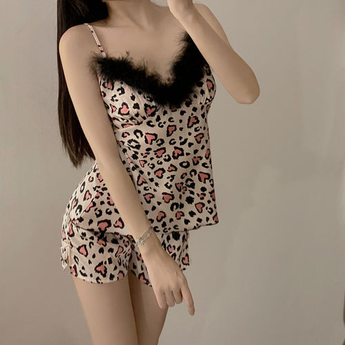 Load image into Gallery viewer, Women&#39;s Pajamas Set Sexy Leopard Sling Top Shorts Silk Like Nightwear Fluffy Deep V Sleepwear Home Clothes Outside
