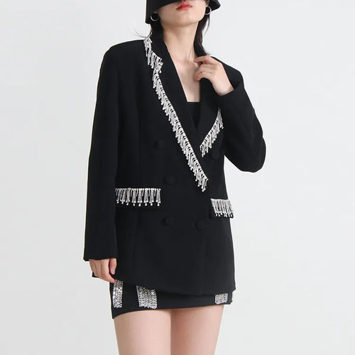 Load image into Gallery viewer, Temperament Spliced Tassel Blazers For Women Notched Collar Long Sleeve Solid Blazer Female Fashion Clothing
