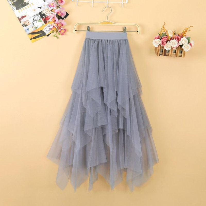 Elegant Women Ball Gown Tulle Skirt Spring Korean Elastic High Waist Mesh Long Skirt Summer Party Pink  Faldas