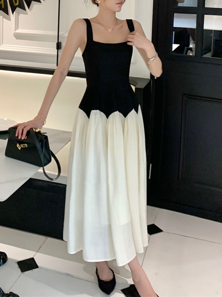 Hit Color Dresses For Women Square Collar Sleeveless High Waist Loose Off Shoulder Dress Female Fashion Clothing