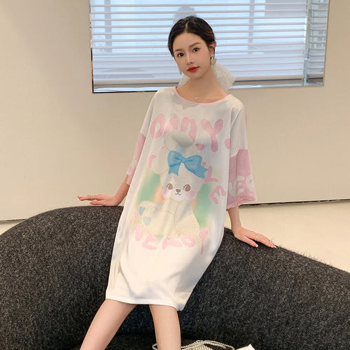 Load image into Gallery viewer, Satin Nightwear Women Short Sleeve Silk Sleeping Dress Casual Sweet Girl Loose Nightdress Summer Mid Length Pajama Skirt
