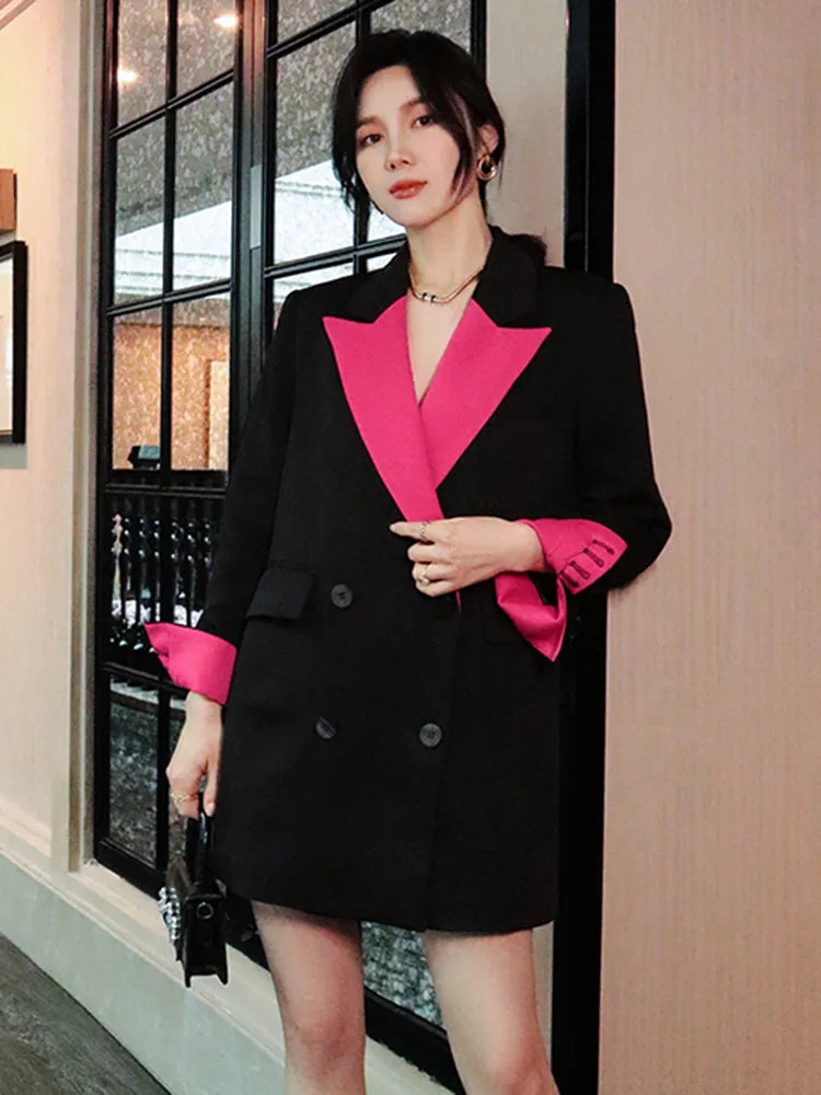 Colorblock Loose Blazers For Women Notched Collar Long Sleeve Spliced Double Breasted Blazer Female Clothes