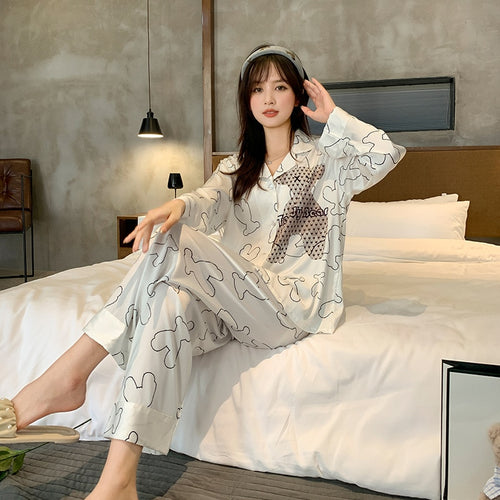 Load image into Gallery viewer, Satin Chiffon Women&#39;s Pajamas Spring Autumn Thin Long Sleeve Pants Two Piece Set Fashion Loose Casual Home Clothing
