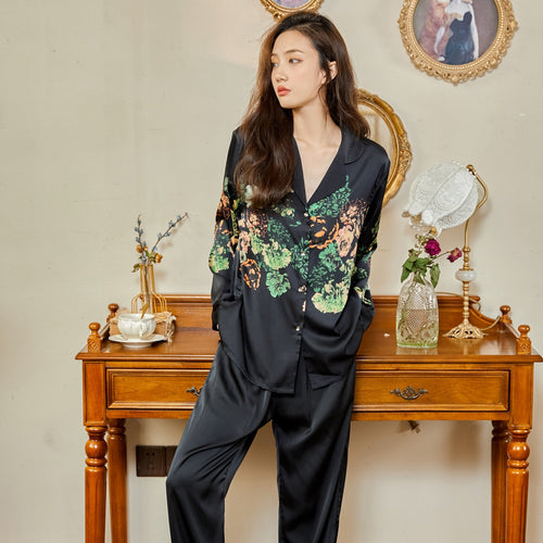 Load image into Gallery viewer, High Quality Luxury Women&#39;s Pajamas Flower Print Silk Like Sleepwear Two Piece Set Casual Breathable Leisure Homewear
