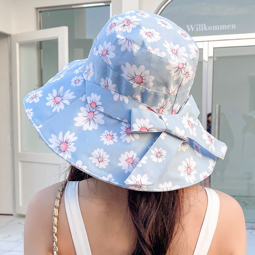 Summer Hats For Women Fashion Wide Brim Daisy Flower Print Design Sun Hat Sun Protection Travel Beach Bucket Hat