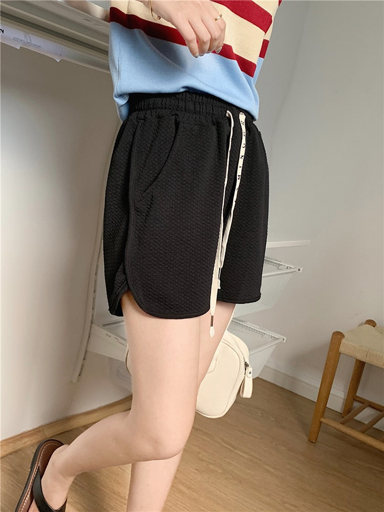 Drawstring Letter High Waist Women Biker Shorts Summer Solid Loose Sweat Shorts Casual Pocket fashion black ladies shorts