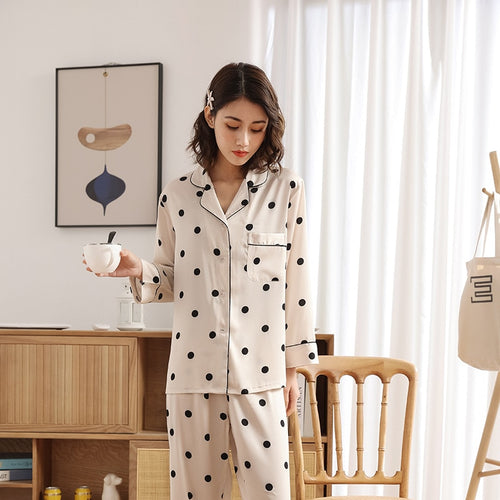 Load image into Gallery viewer, Satin Polka Dot Pajamas Women&#39;s Spring Autumn Thin Long Sleeved Pants Two-piece Set Fashion Casual Home Clothing
