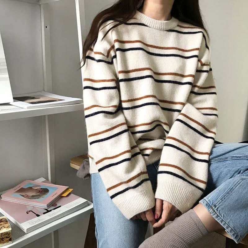 Casual Striped Women Sweater Pullover O Neck Knitted Jumper Winter Thick Student Winter Thick Tops Loose Female Sweater