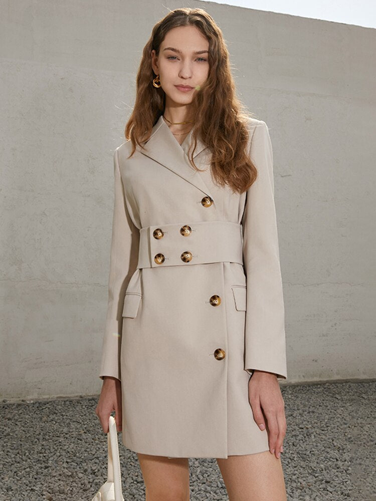 Solid Casual Blazer Dress For Women Notched Long Sleeve High Waist Sashes Button Dresses Female Fashion Summer