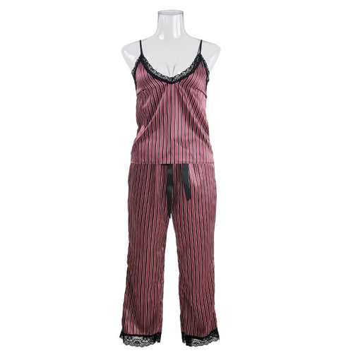 Load image into Gallery viewer, Women&#39;s Pajamas Set Stripes Silk Like Homewear Casual Sling top and Pants Nightwear Elegant Home Clothes Sleepwear Femme
