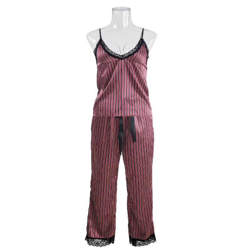 Women's Pajamas Set Stripes Silk Like Homewear Casual Sling top and Pants Nightwear Elegant Home Clothes Sleepwear Femme