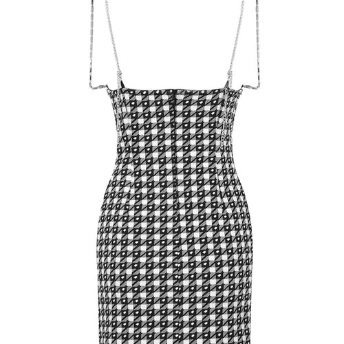 Load image into Gallery viewer, Houndstooth Spliced Chain Dresses For Women V Neck Sleeveless High Waist Backless Mini Dress Female Fashion
