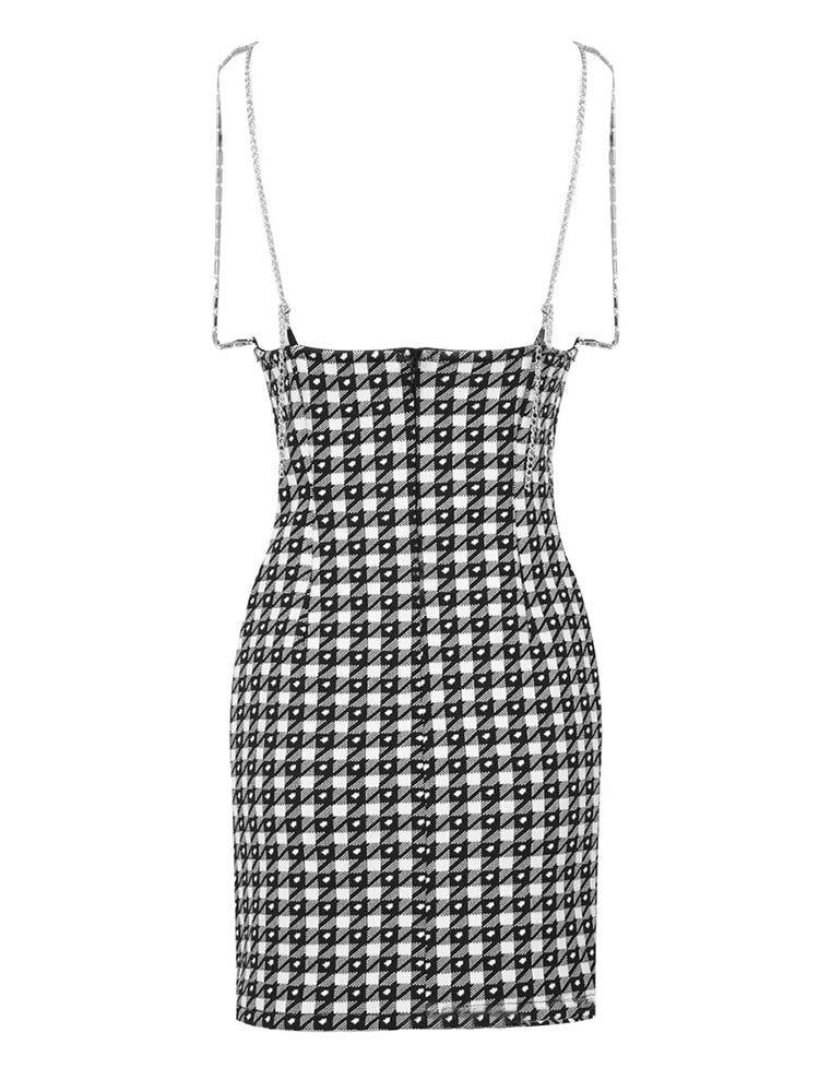 Houndstooth Spliced Chain Dresses For Women V Neck Sleeveless High Waist Backless Mini Dress Female Fashion