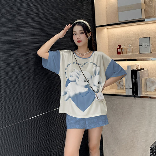 Load image into Gallery viewer, Women&#39;s Silk like Pajamas Cute Short Sleeve Shorts Two Piece Set Round Neck Summer Outwear Casual Home Clothing
