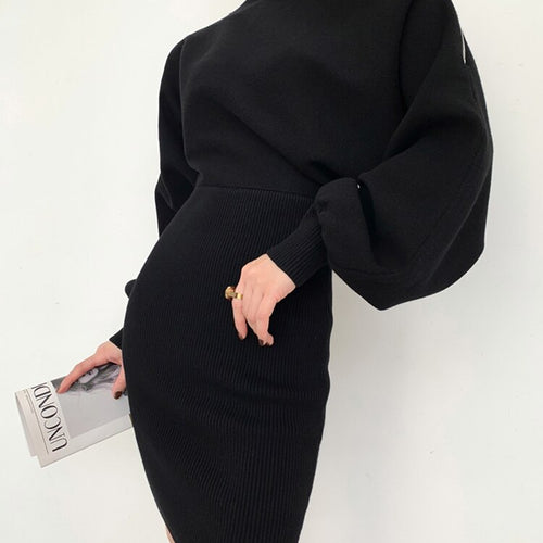 Load image into Gallery viewer, Slim Knitting Dress For Women Slash Neck Batwing Sleeve High Waist Solid Minimalist Midi Dresses Female Clothes
