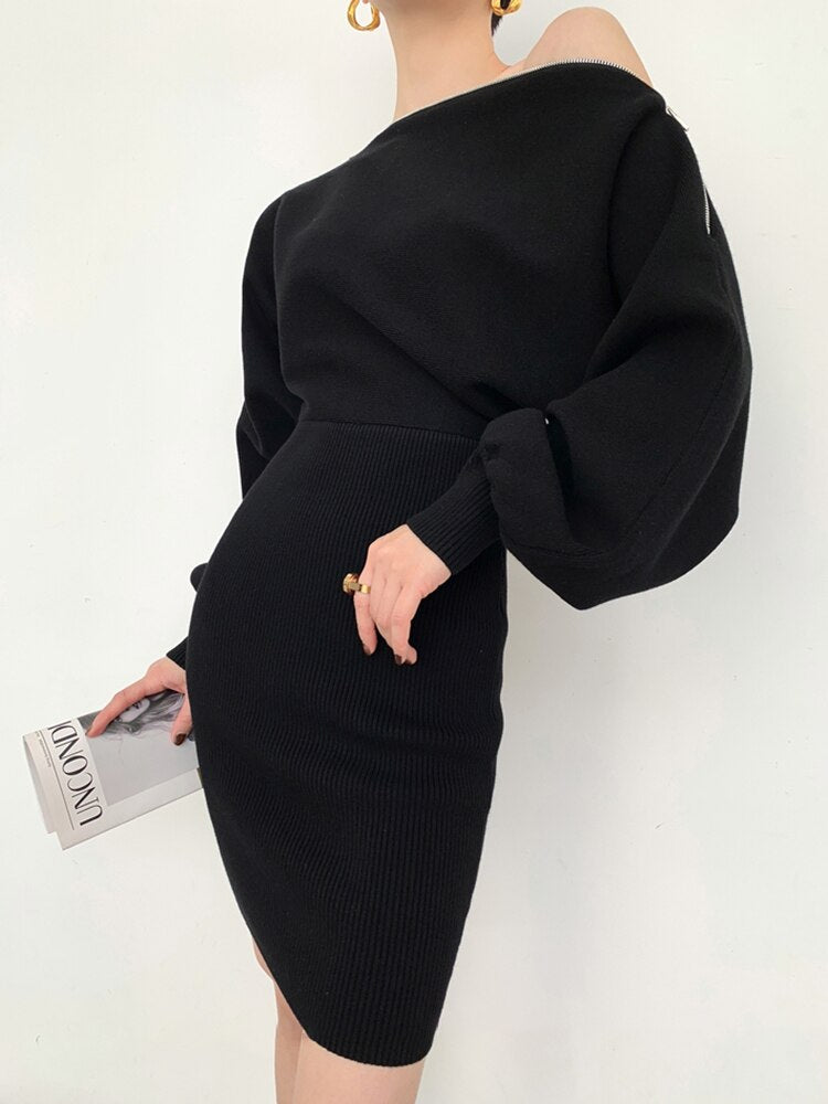 Slim Knitting Dress For Women Slash Neck Batwing Sleeve High Waist Solid Minimalist Midi Dresses Female Clothes