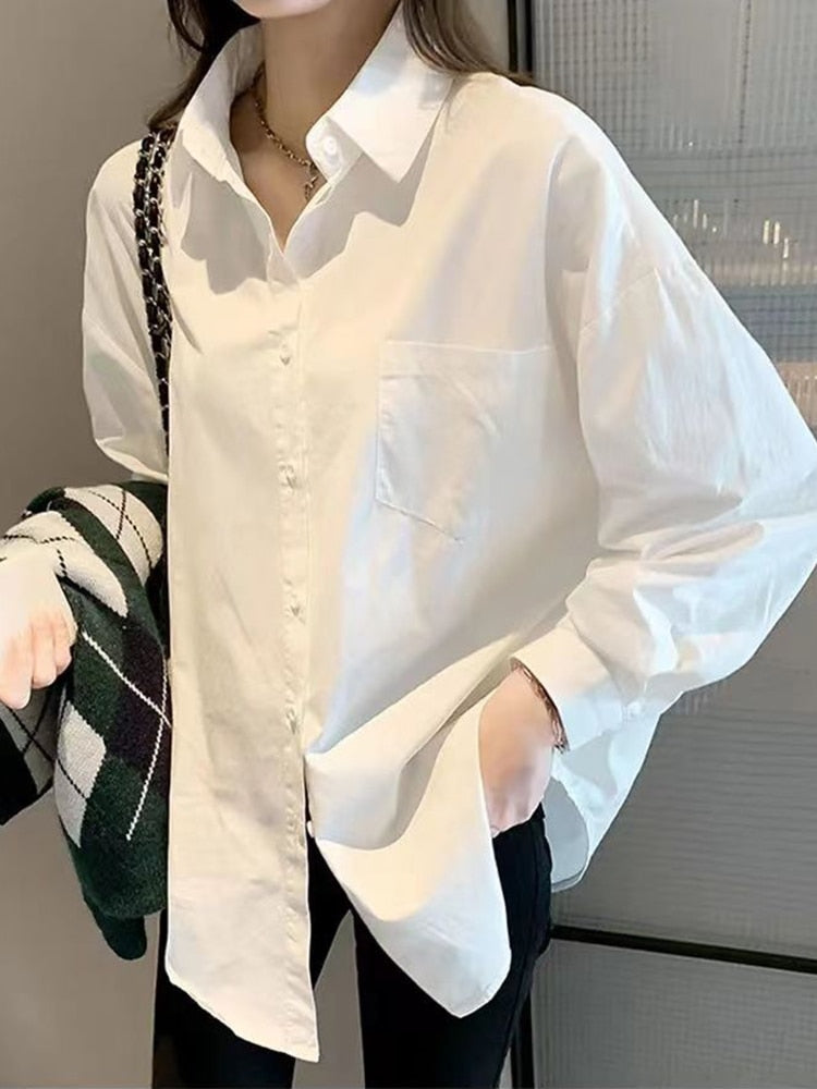 White Women Fall Shirts Temperament OL Long Sleeve Button Up Loose Shirts All Match Korean Fashion Turn Down Collar Tops