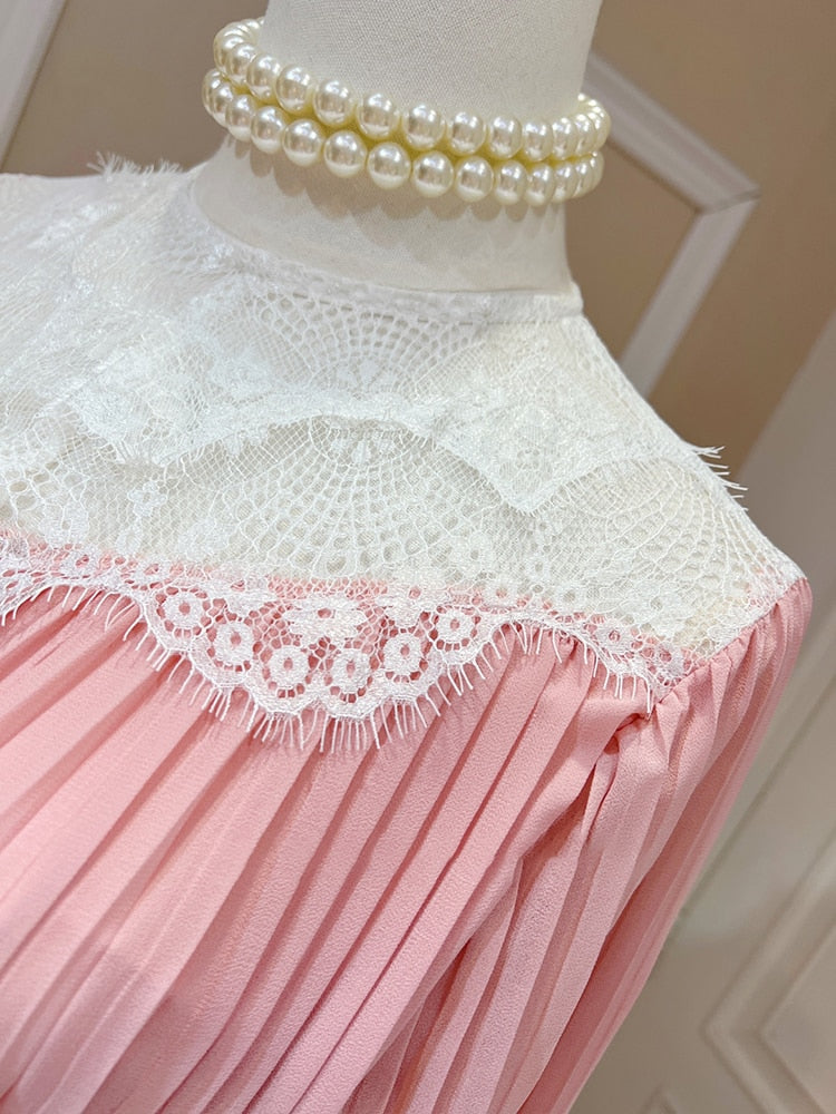 Colorblock Patchwork Lace Up A Line Dresses For Women Round Neck Lantern Sleeve High Waist Embroidery Dress Female