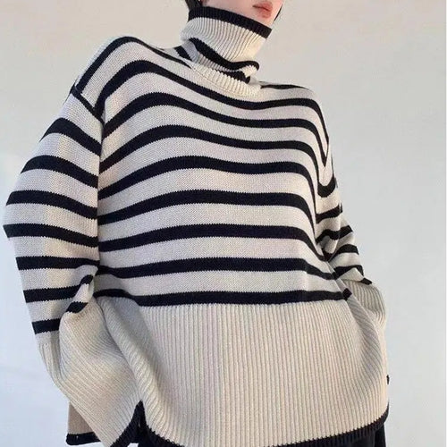 Load image into Gallery viewer, Thick Women Turtleneck Sweaters Winter Fashion Striped Warm Loose Pullover Jumper Oversize Casual Designed Korean Knit Coat
