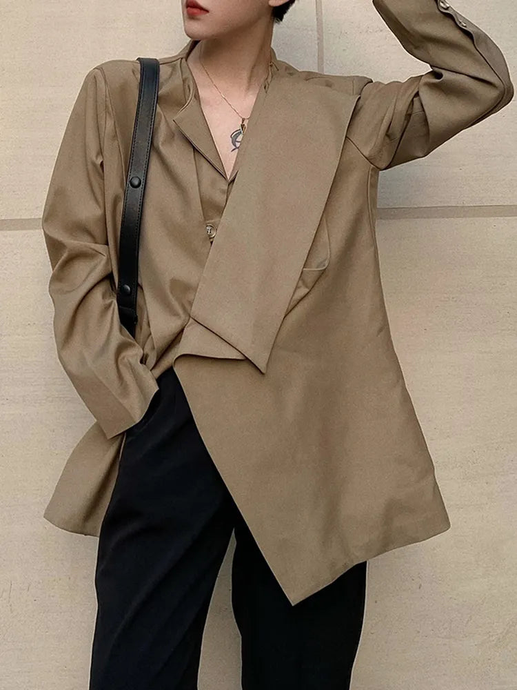 Asymmetrical Korean Blazers For Women Round Neck Long Sleeve Casual Loose Solid Blazer Female Fashion Clothing