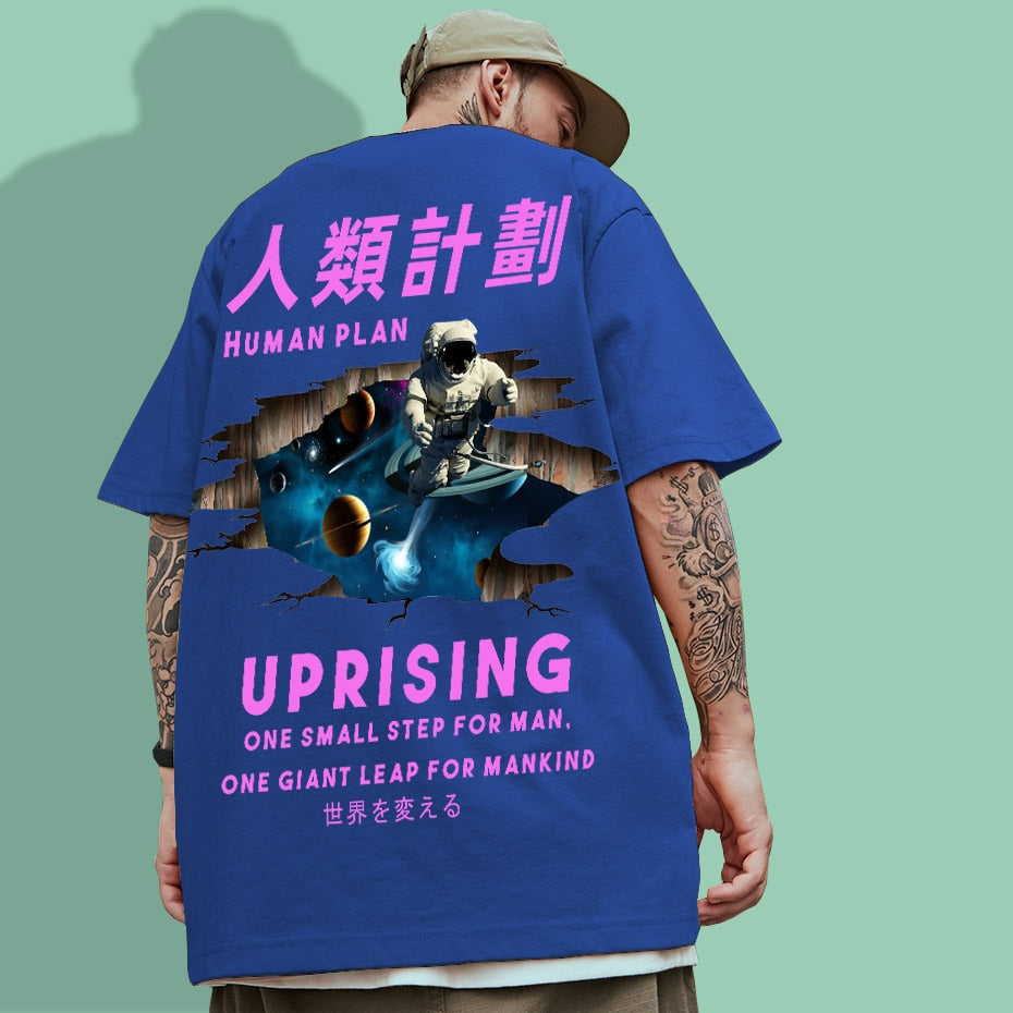 Colour Block Astronaut Print Tee Short Sleeve T Shirts Mens Summer Fashion Streetwear Swag Couple Tee