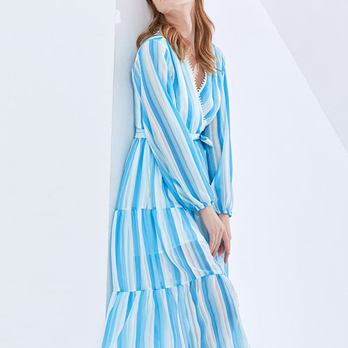 Load image into Gallery viewer, Hit Color Dresses For Women V Neck Long Sleeve High Waist Tunic Spliced Bowknot Summer Striped Dress Female Fashion
