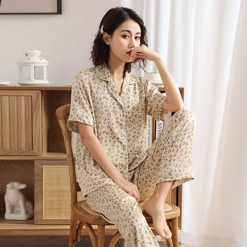 Load image into Gallery viewer, Women&#39;s Spring Summer Chiffon Pajamas Luxury Leopard Print Short Sleeve Pants Homewear Set Fashion Casual Home Suit
